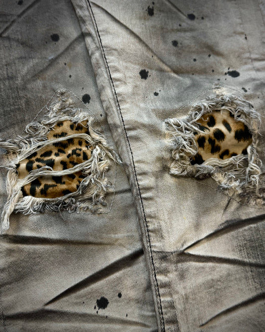CavariA Leopard Repaired Clawmarks Washed Bootcut Jeans