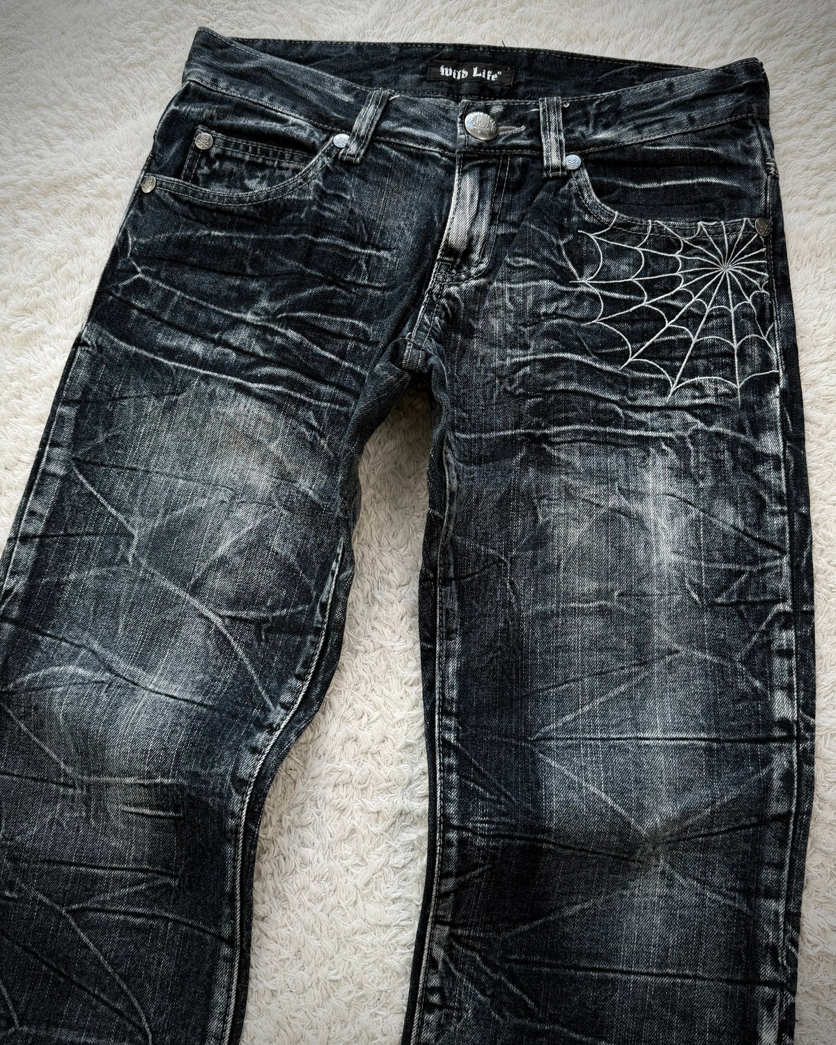 Wild Life Spider Web Honeycomb Washed Flared Jeans