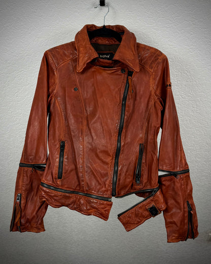 Tigha Rusty Red Transformable Leather Biker Jacket