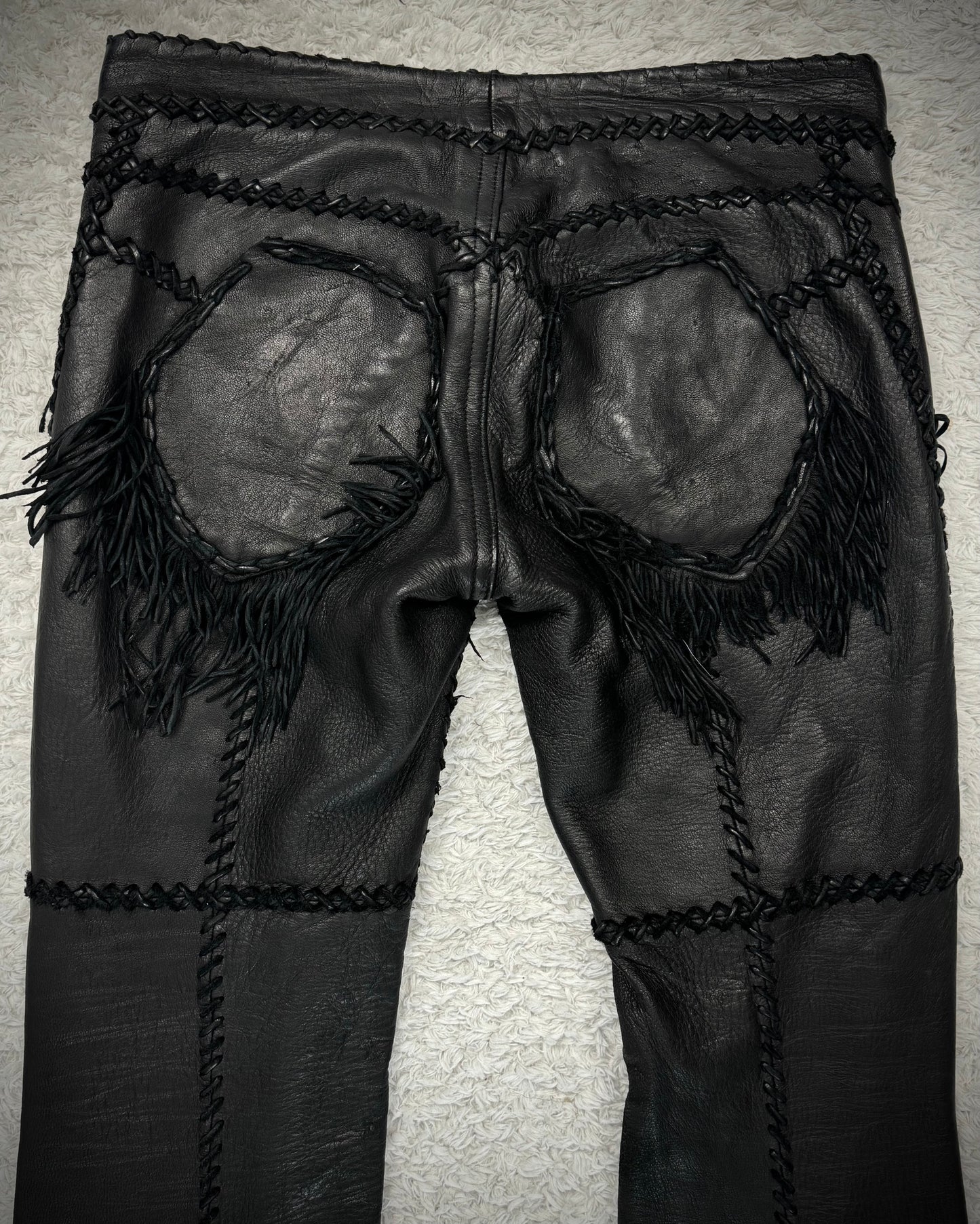L.G.B. “Carlos” Fringed Scar Stitched Lace Up Flared Leather Pants