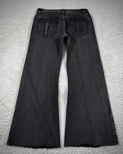 Cross Print Leather Hardware Detailed Wide Leg Bootcut Denim