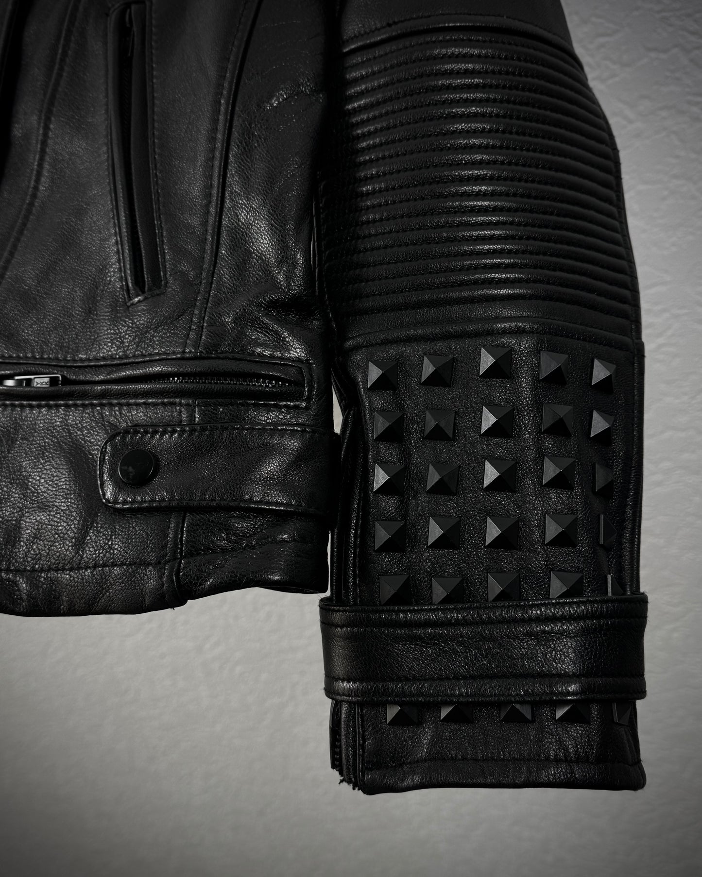 True Religion Studded Sheepskin Leather Biker Jacket