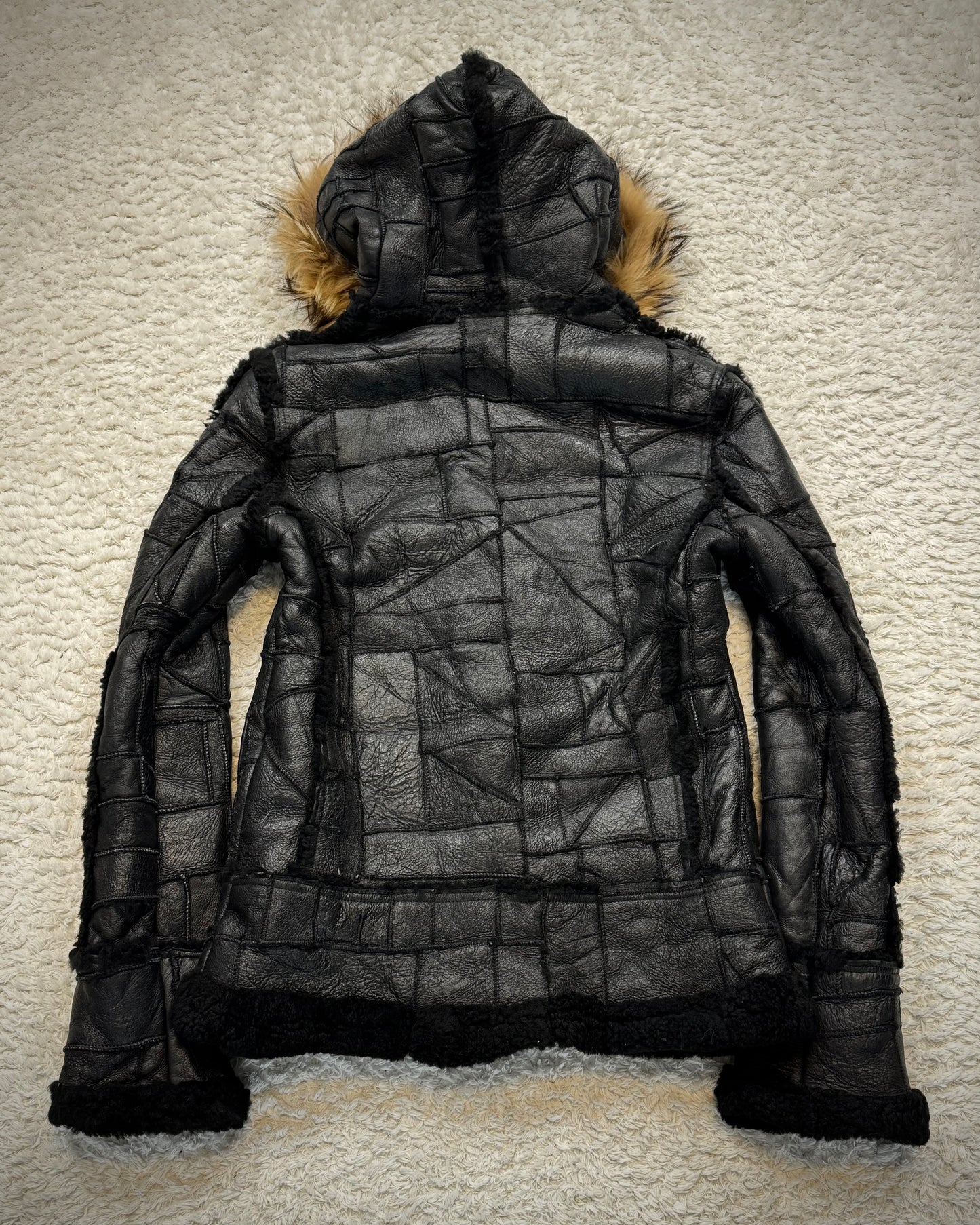Royal Flash Fur Hood Leather Patchwork Jacket