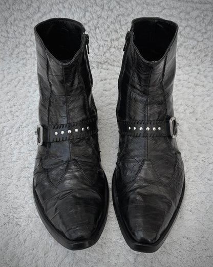 Italian Scar Stitched Belted Textured Pointed Leather Boots