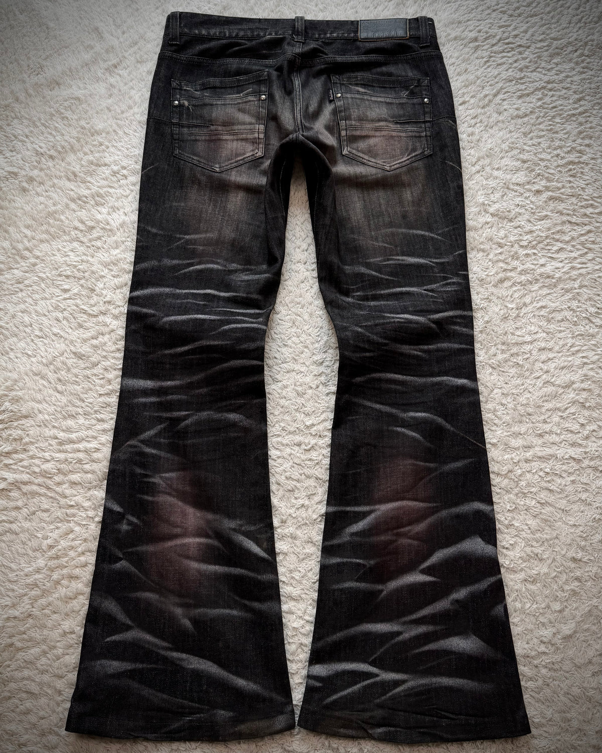Tornado Mart Bordeaux Clawmarks Coated Flared Jeans