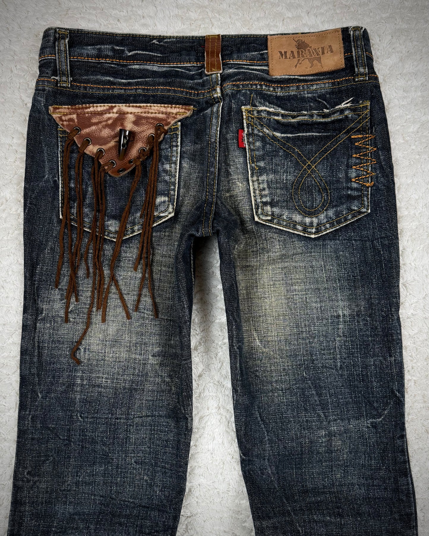 Maraxia Vintage Leather Flap Tassel Pocket Flared Jeans