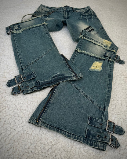 Black Baccara Mud Washed Belted Straps Flared Jeans