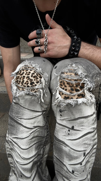 CavariA Leopard Repaired Clawmarks Bootcut Jeans