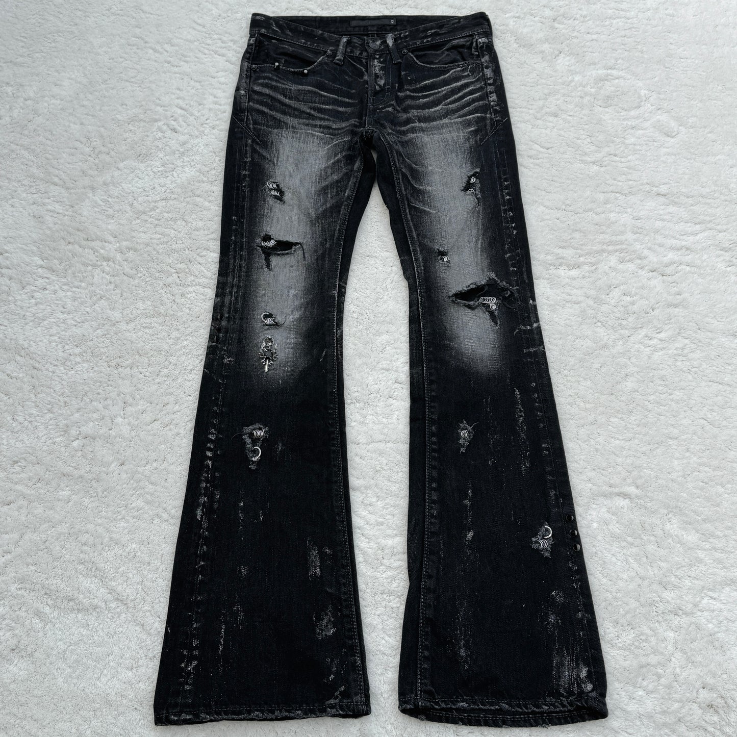 Fuga Silver Waxed Pierced Studded Flared Denim