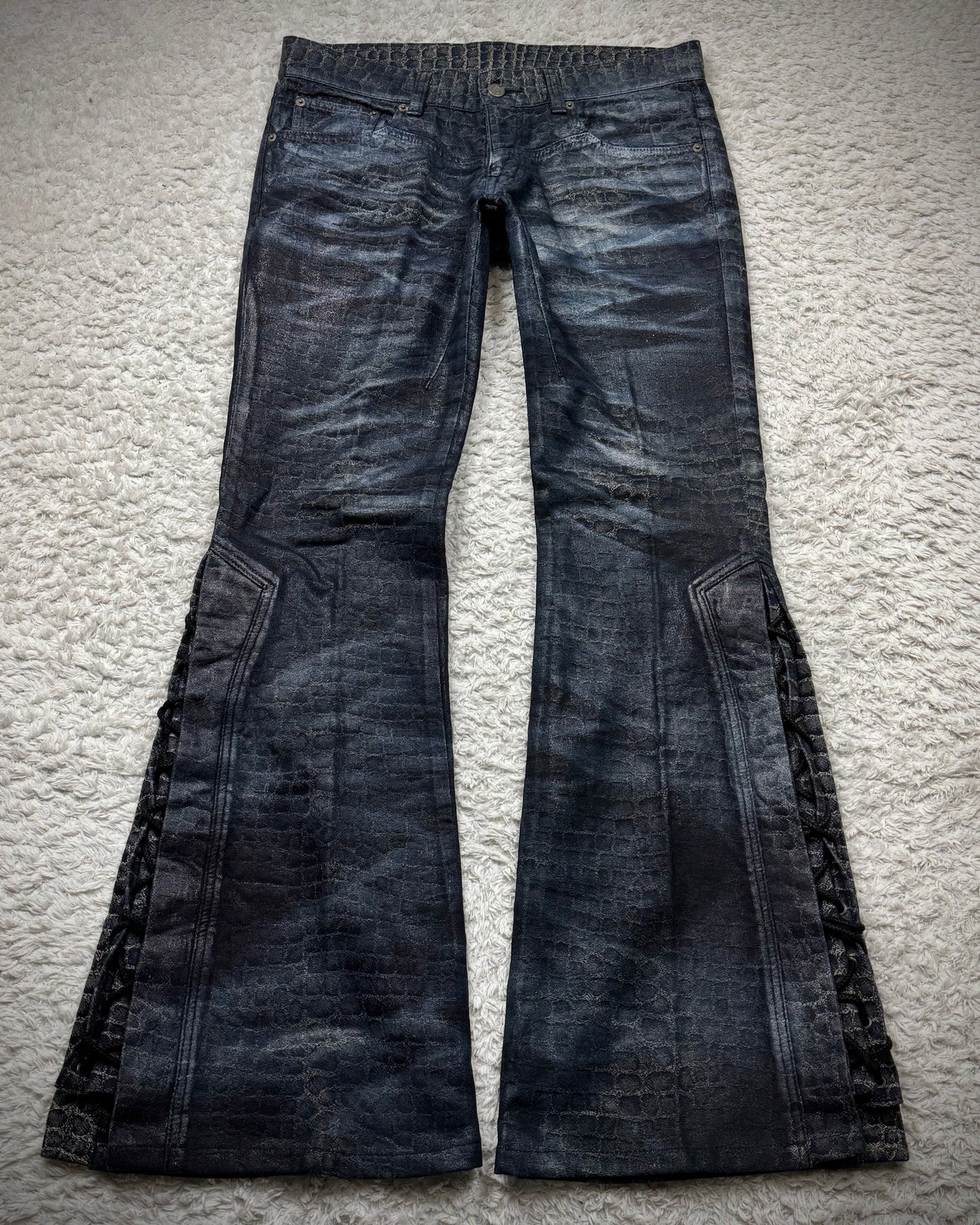 Tornado Mart Waxed Crocodile Lace Up Flared Pants