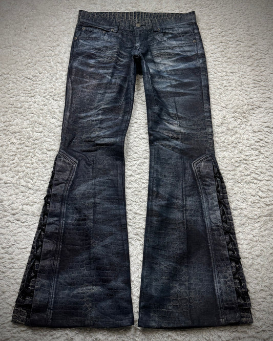 Tornado Mart Waxed Crocodile Lace Up Flared Pants