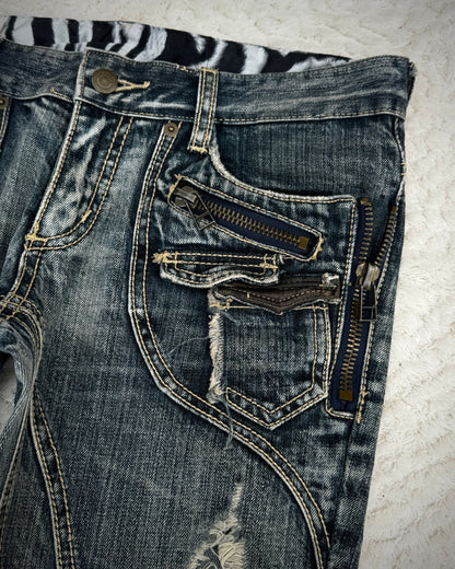 Tornado Mart Leather Detailed Paneled Construction Flared Jeans