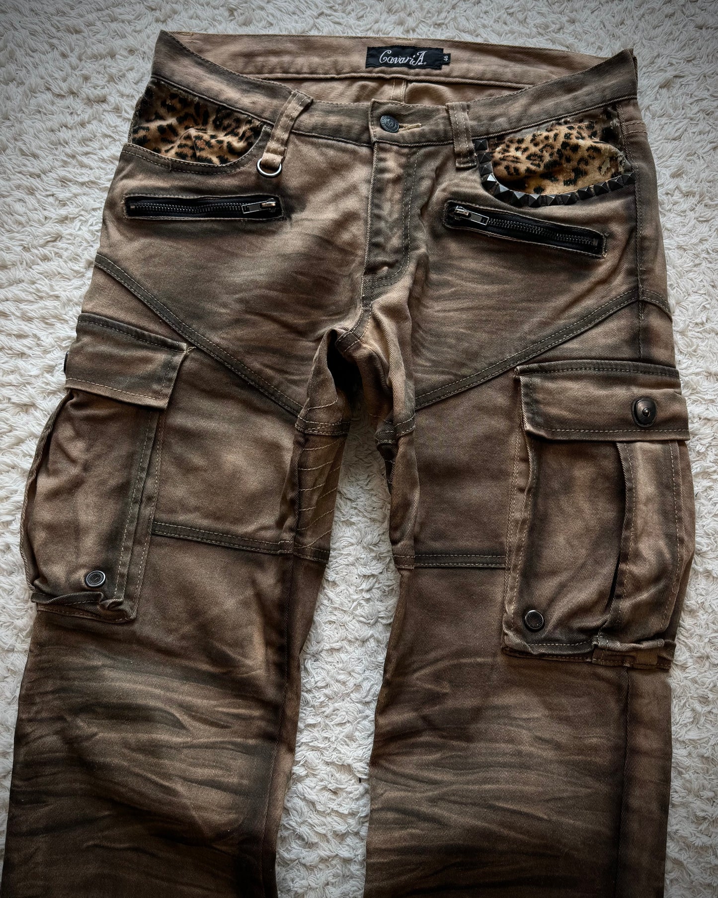 CavariA Leopard Gas Mask Cargo Pocket Flared Jeans