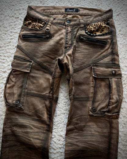CavariA Leopard Gas Mask Cargo Pocket Flared Jeans