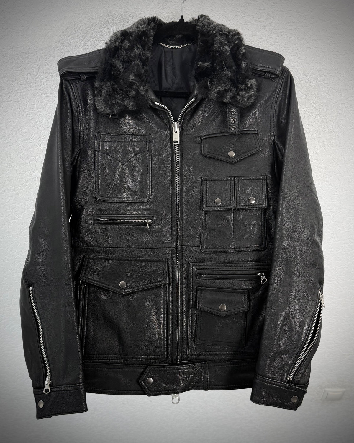 Abahouse Multi Pocket Fur Leather Jacket