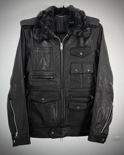 Abahouse Multi Pocket Fur Leather Jacket