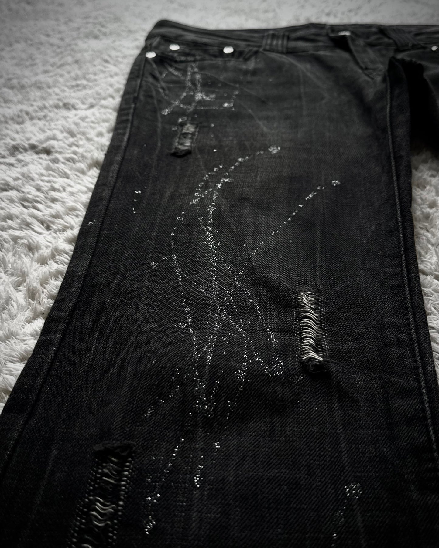 Glad News Silver Splatter Studded Skull Flared Jeans