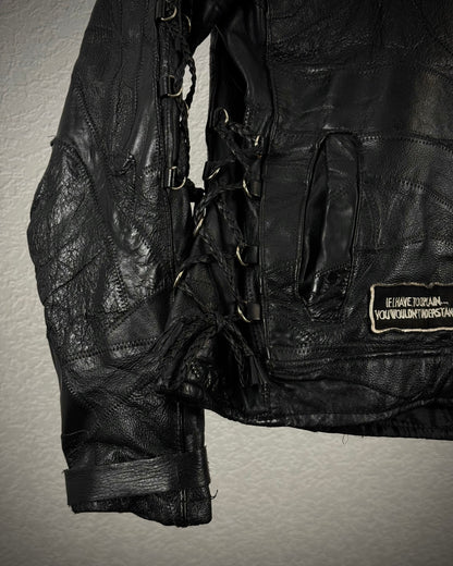 Diamond Plate Lace Up Buffalo Leather Patchwork Biker Jacket