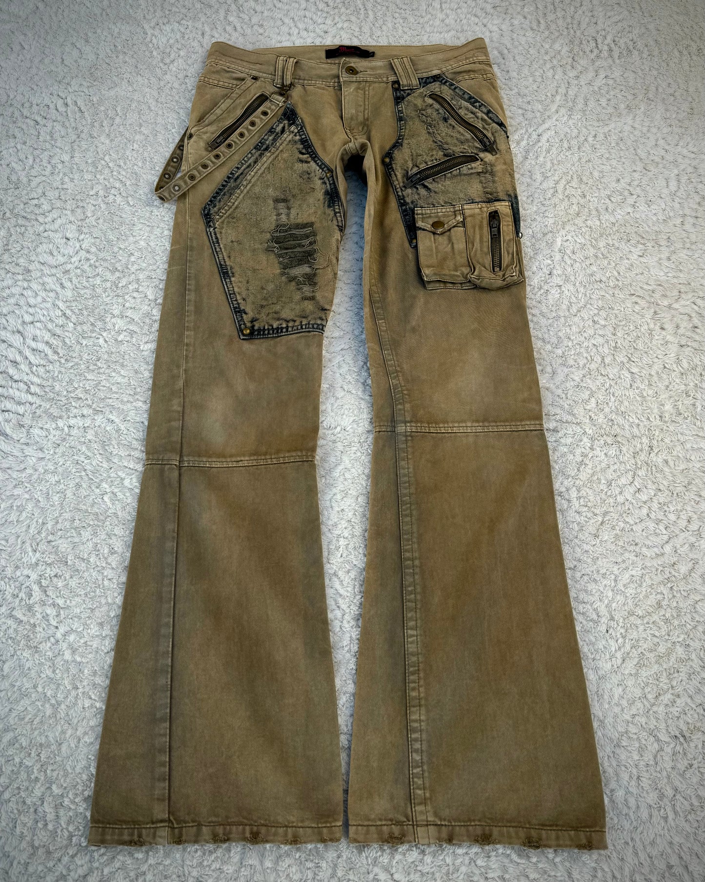 Midas Distressed Denim Paneled Strapped Bootcut Cargo Pants