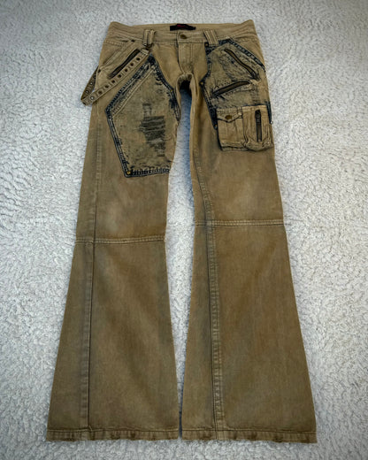 Midas Distressed Denim Paneled Strapped Bootcut Cargo Pants