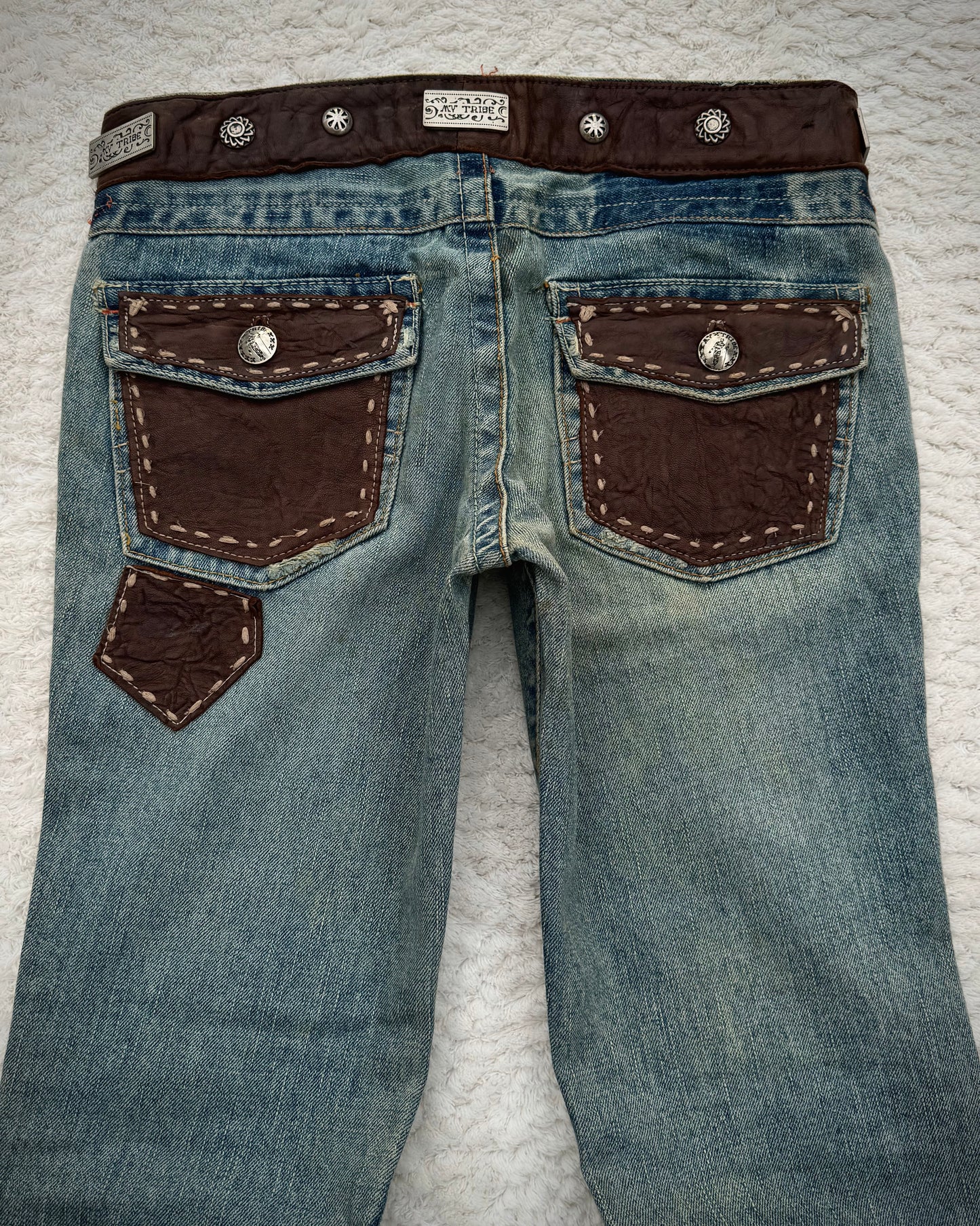 My Tribe Western Belted Steel Detailed Leather Repairs Flared Jeans