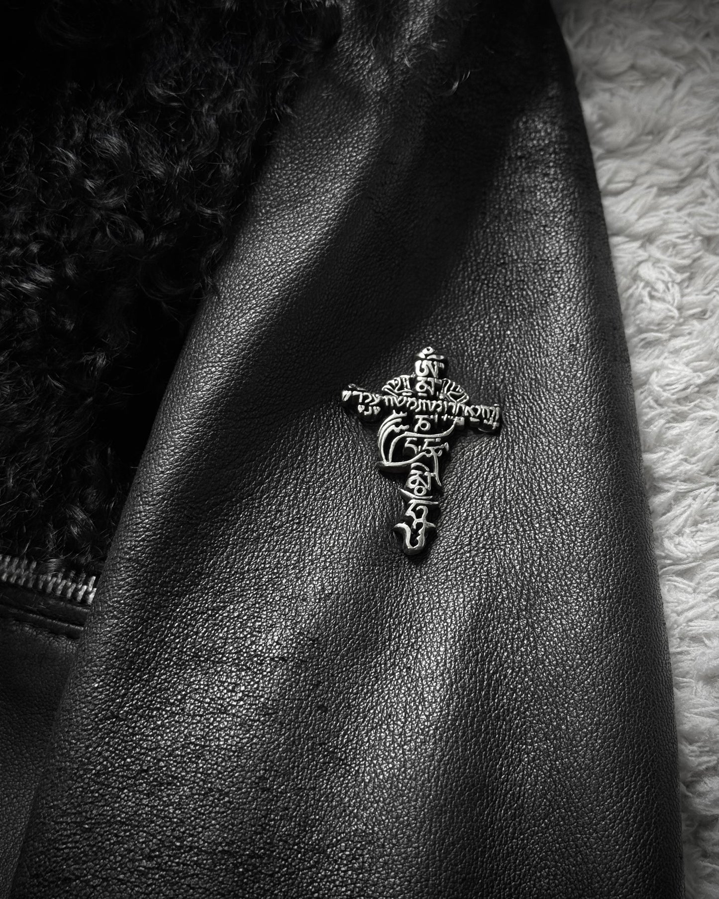 14th Addiction Mouton Fur Cross Zip Leather Jacket