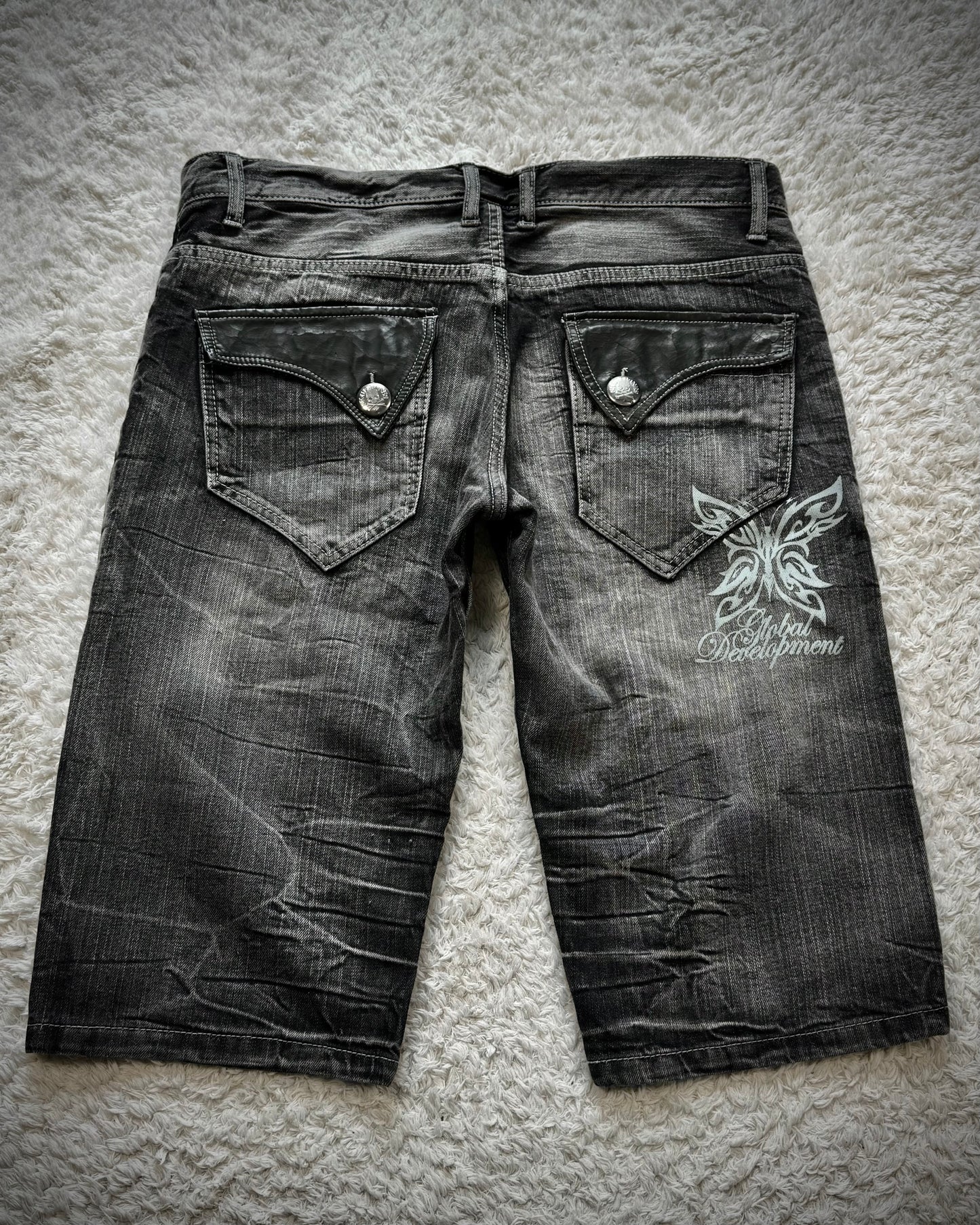 Wild Life Spider Web Leather Flap Denim Shorts