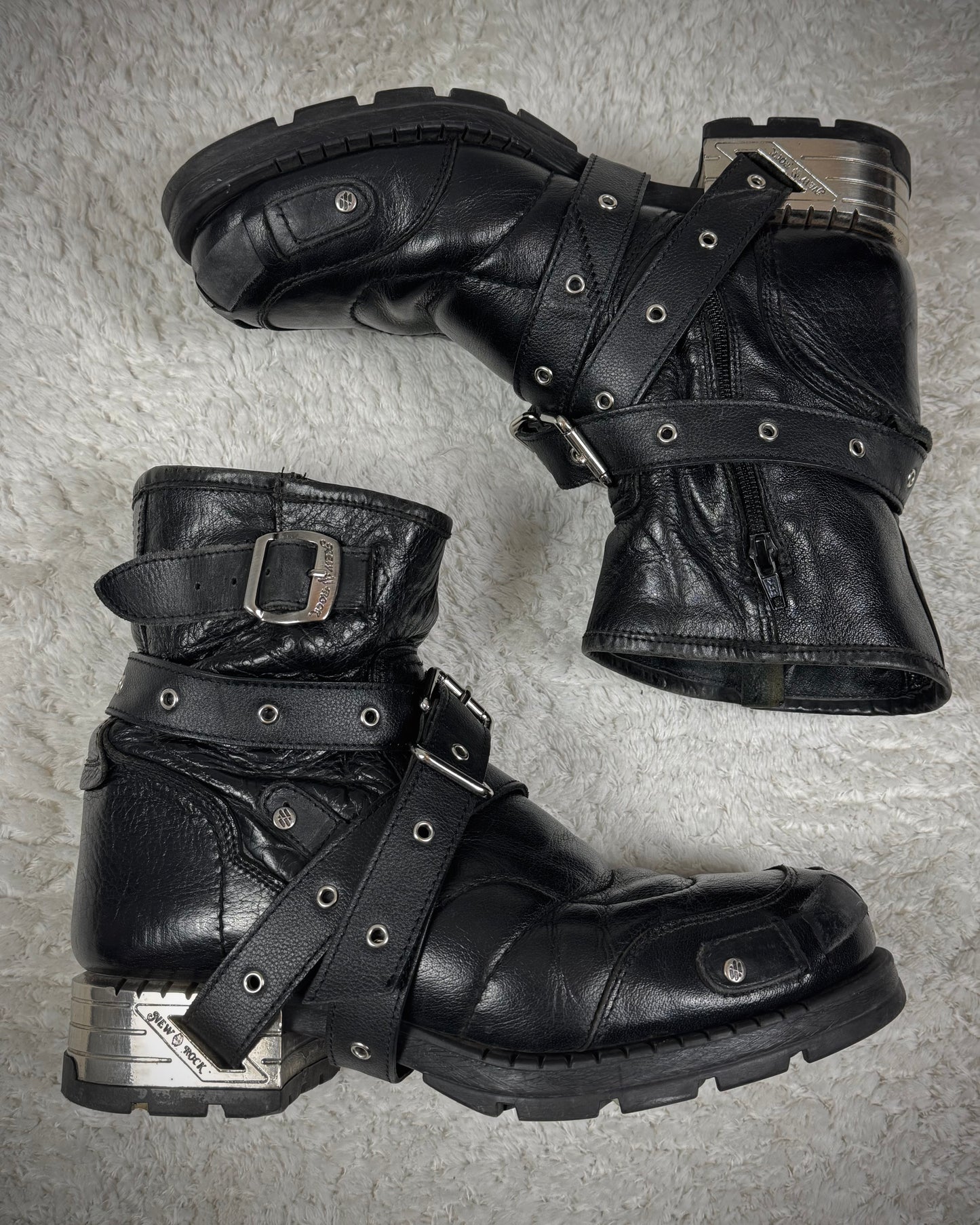 New Rock Belted Steel Heel Leather Boots