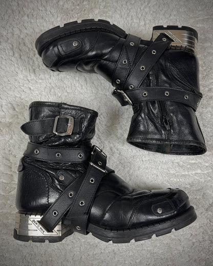 New Rock Belted Steel Heel Leather Boots
