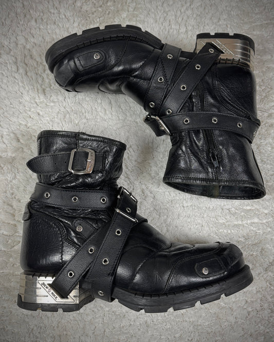 New Rock Belted Steel Heel Leather Boots