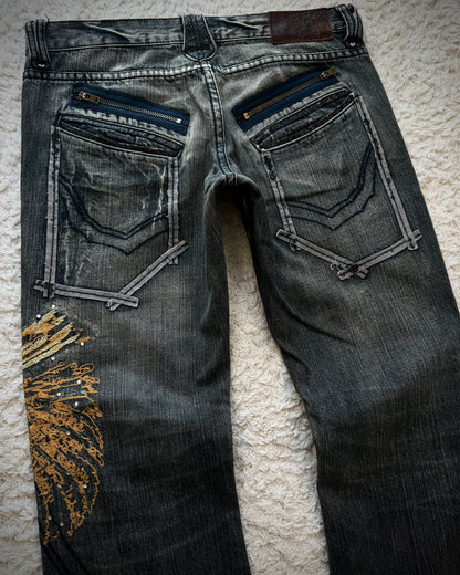 Tornado Mart Tribe Skull Embroidery Flared Jeans