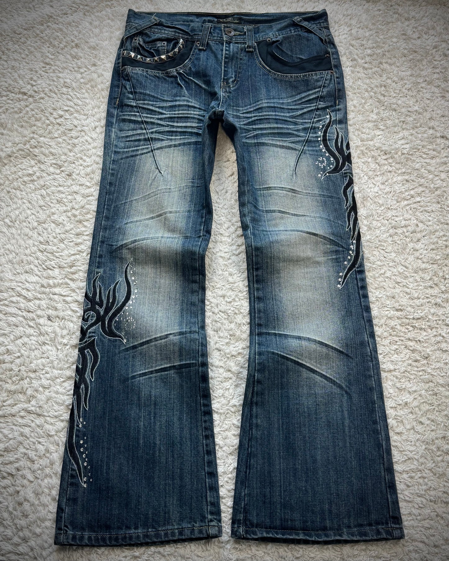 Black Crown Tribal Embroidery Studded Flared Jeans