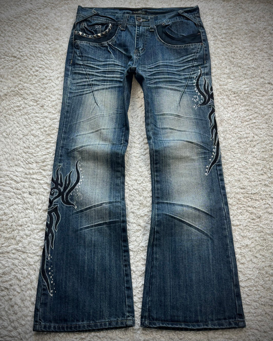 Black Crown Tribal Embroidery Studded Flared Jeans