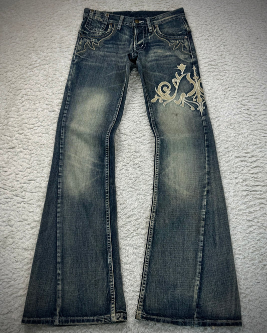 Tornado Mart Mud Washed Tribal Embroidery Flared Jeans