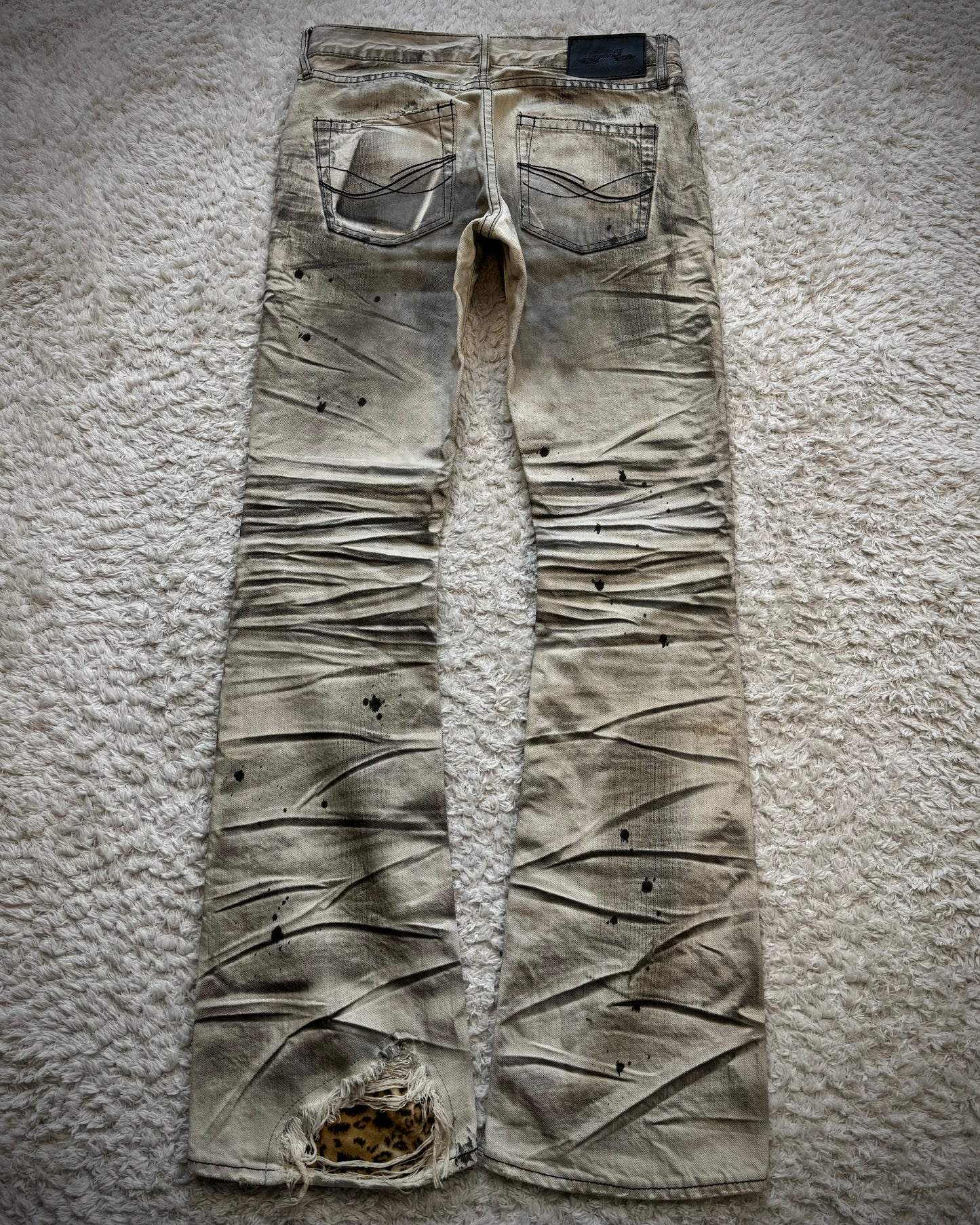 CavariA Leopard Repaired Clawmarks Washed Bootcut Jeans