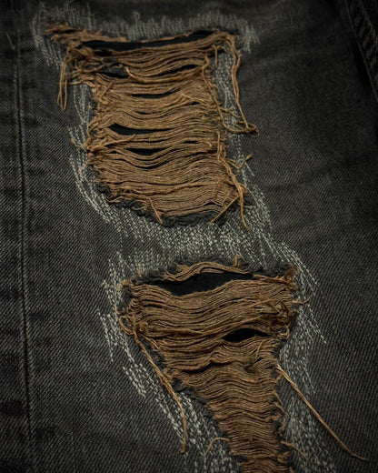 Slow Gun Mud Washed Stitch Repaired Distressed Slim Cut Denim