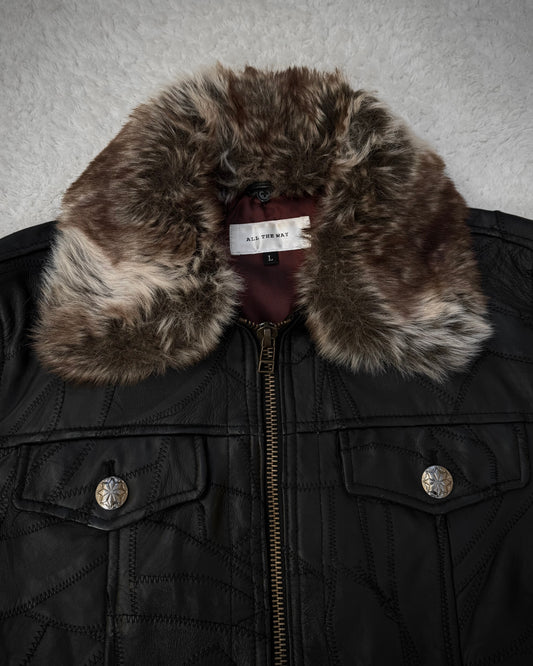 All The Way Fur Collar Sheepskin Leather Patchwork Jacket