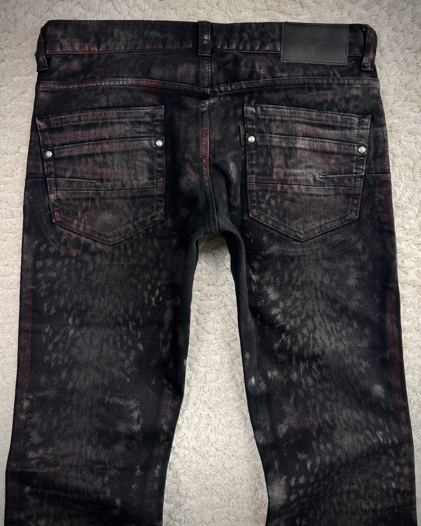 Tornado Mart Crimson Waxed Leopard Pattern Flared Jeans