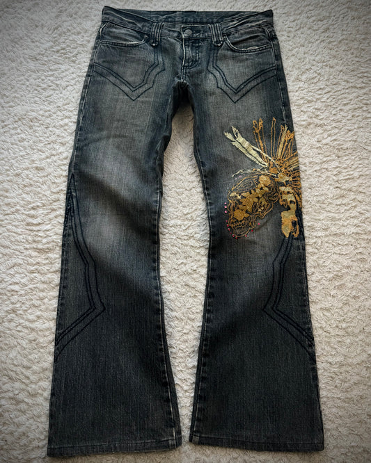 Tornado Mart Tribe Skull Embroidery Flared Jeans