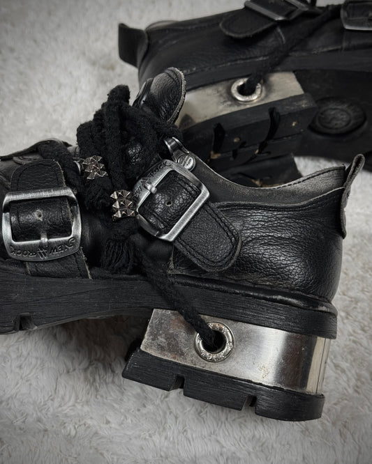 New Rock Metal Tip Laced Steel Heel Leather Boots