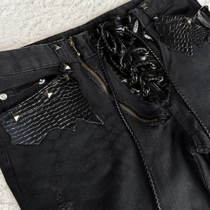 Unbranded Croc Detailed Flared Lace Up Jeans