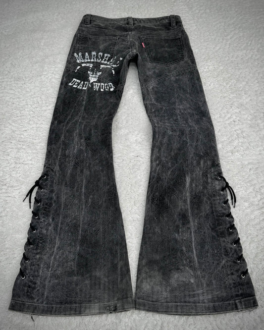 Tornado Mart Pin Striped Western Printed Lace Up Flared Pants