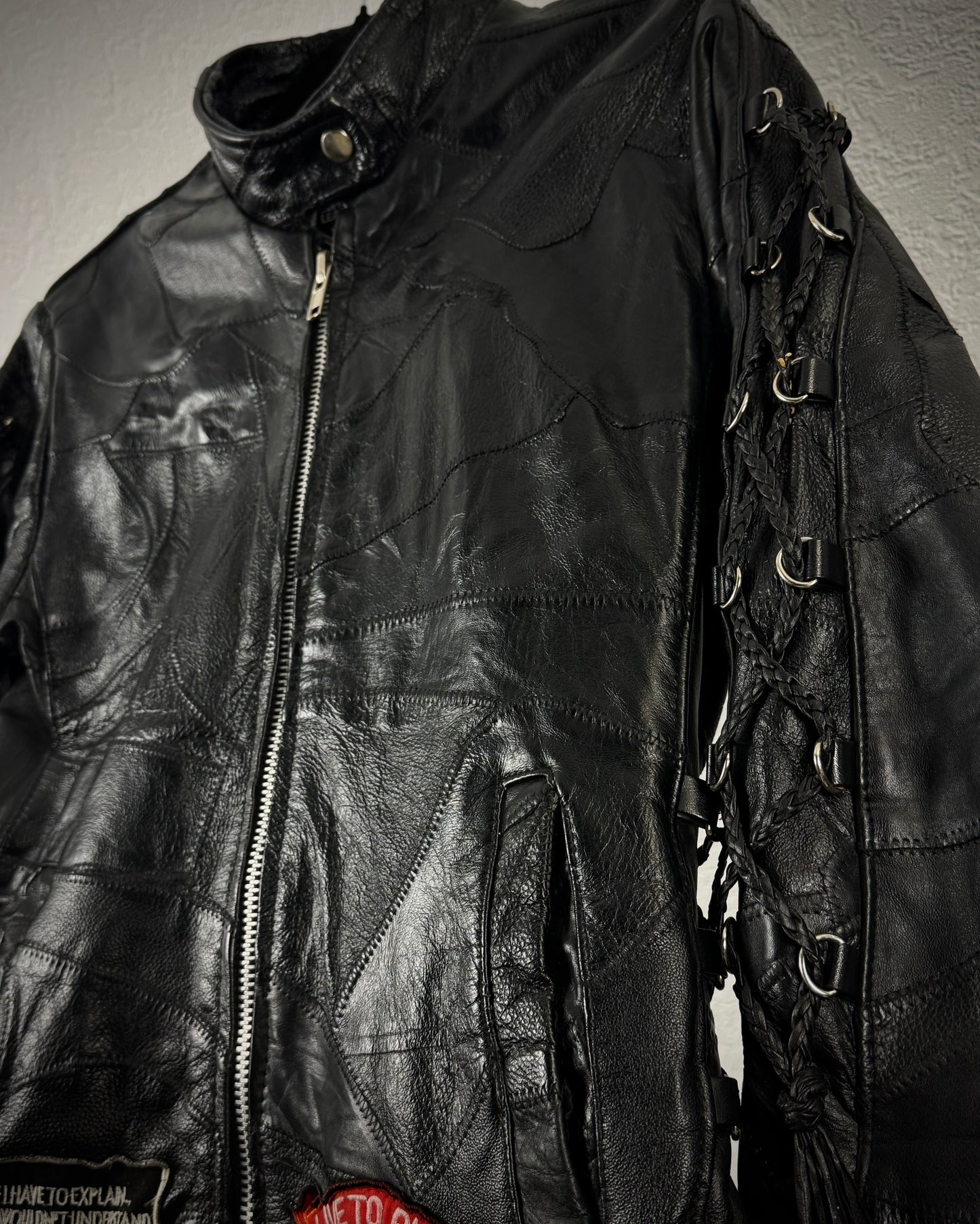 Diamond Plate Lace Up Buffalo Leather Patchwork Biker Jacket