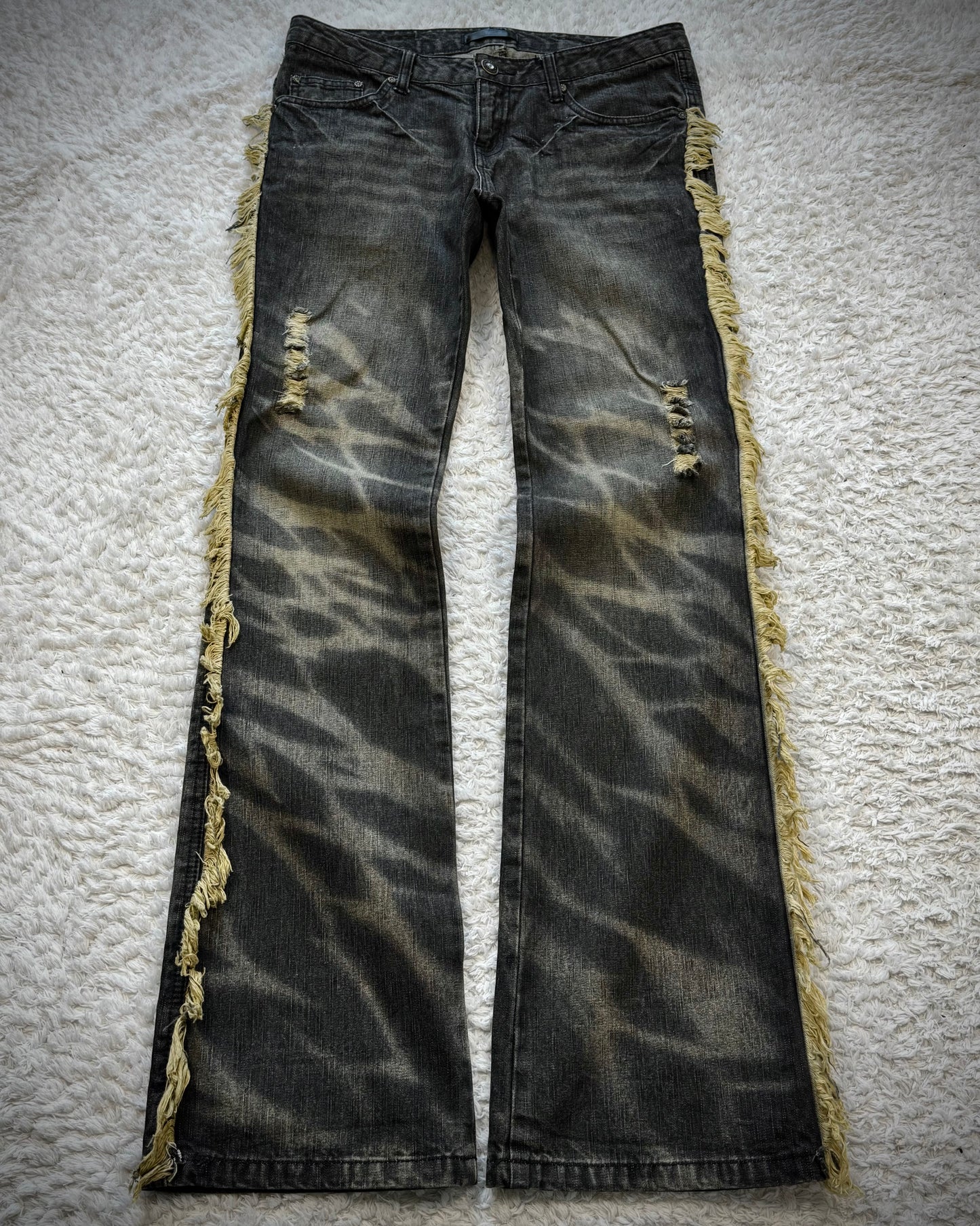 Black Baccara Fringed Zebra Washed Flared Jeans
