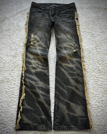 Black Baccara Fringed Zebra Washed Flared Jeans