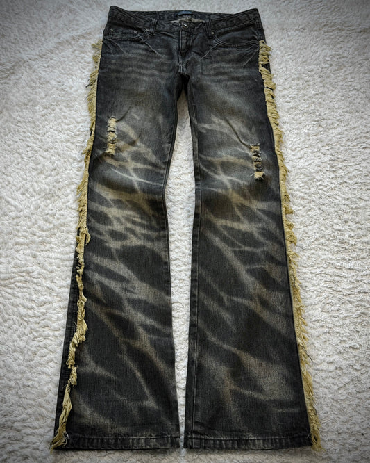 Black Baccara Fringed Zebra Washed Flared Jeans