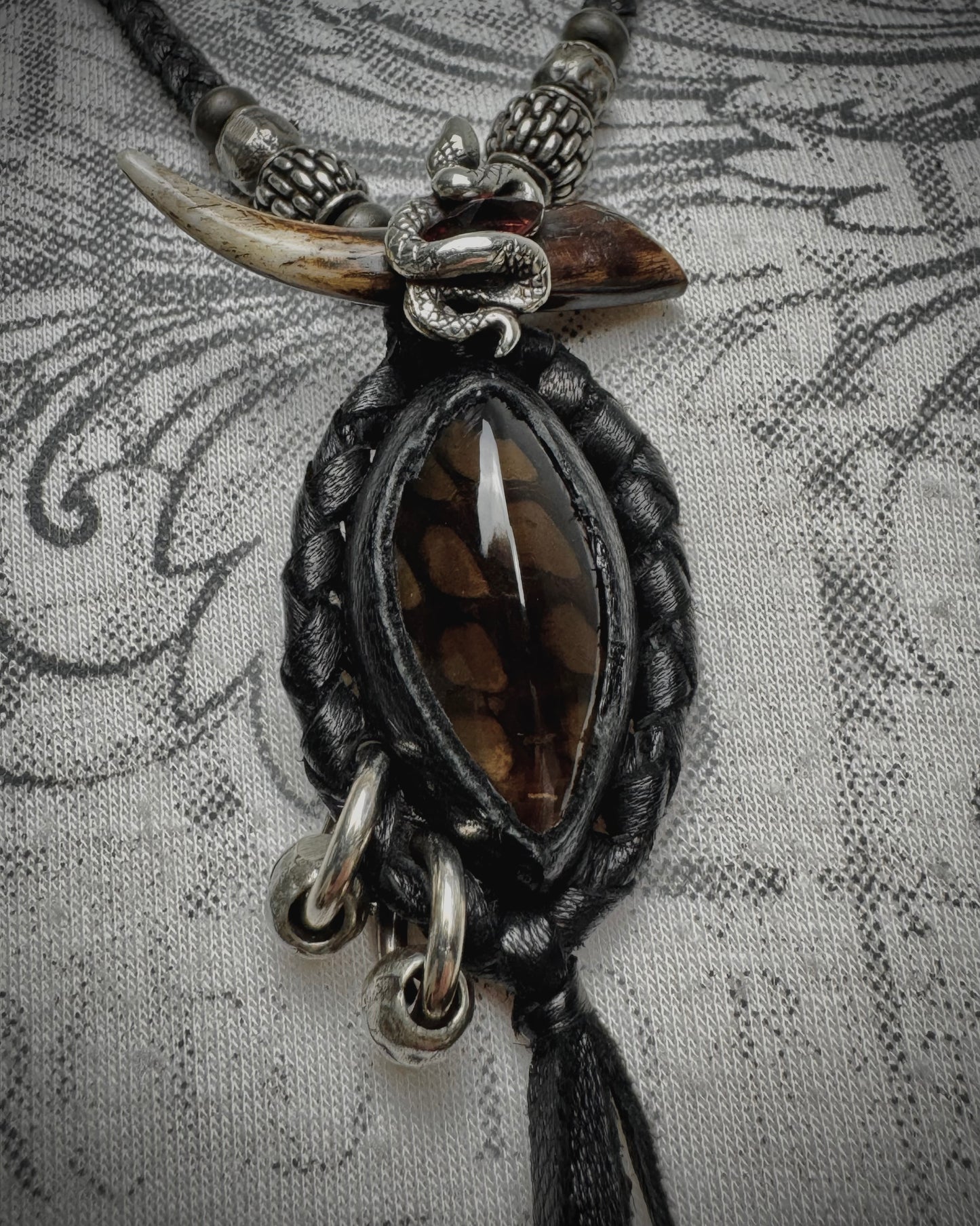 14th Addiction Pierced Snake Garnet Leather Necklace