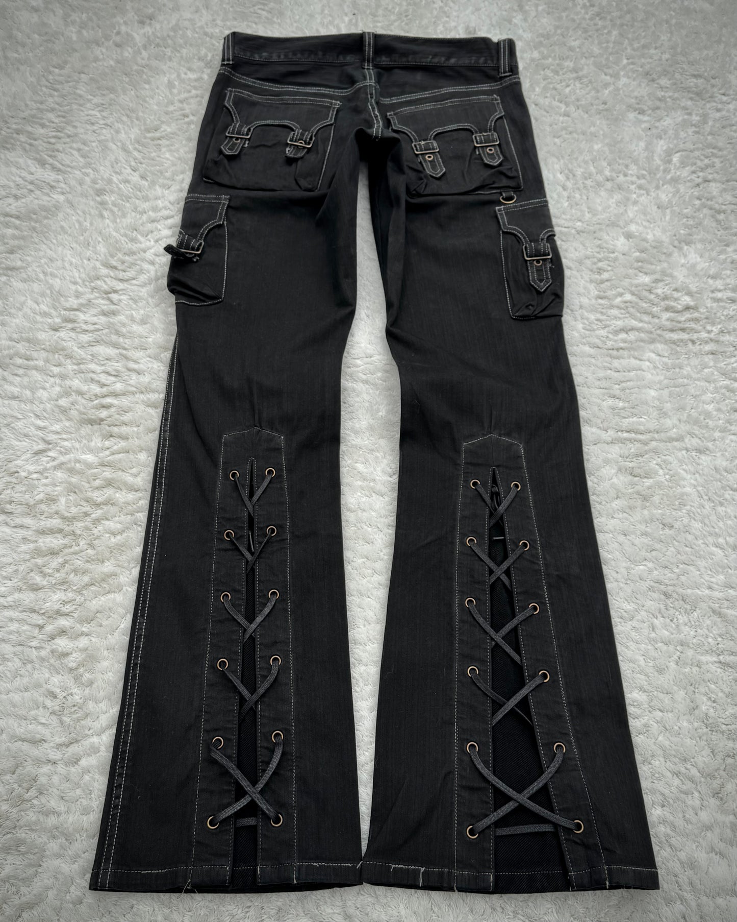 Tornado Mart Pin Striped Backlace Belted Flared Cargo Pants