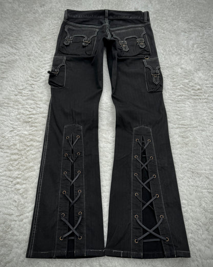 Tornado Mart Pin Striped Backlace Belted Flared Cargo Pants