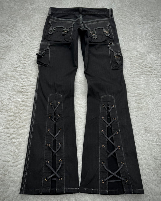 Tornado Mart Pin Striped Backlace Belted Flared Cargo Pants